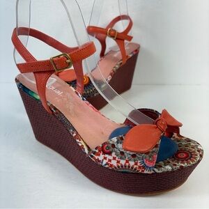 Desigual Red Multi-Color Floral Print Platform Wedge Sandals 40 (9-9.5)